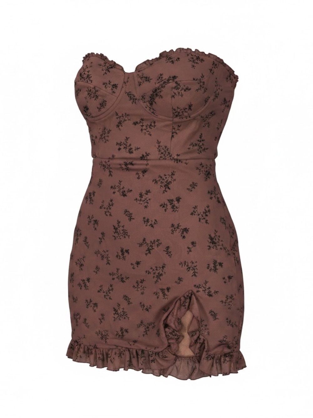 Brown Strapless Mini Dress Floral Corset Ruched Ruffle Hem